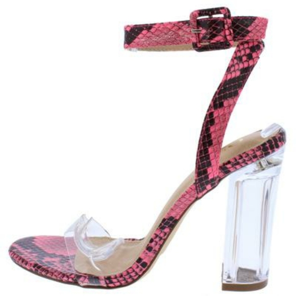 J. Elise Boutique Neon Pink Snake Print Open Toe Ankle Strap Clear Block Heel - Picture 2 of 5